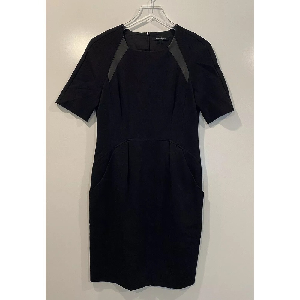 Nanette Lepore Black Leather Trim Sheath Dress Short Sleeve Pockets Size 8